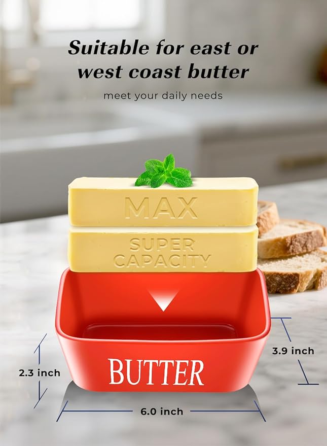 Butter Dish with Lid: Large Butter Container for Countertop - Ceramic Butter Holder for Counter - Butter Tray Butter Keeper with Knife and Sponge Scrubber - Perfect for 2 Sticks of Butter Red