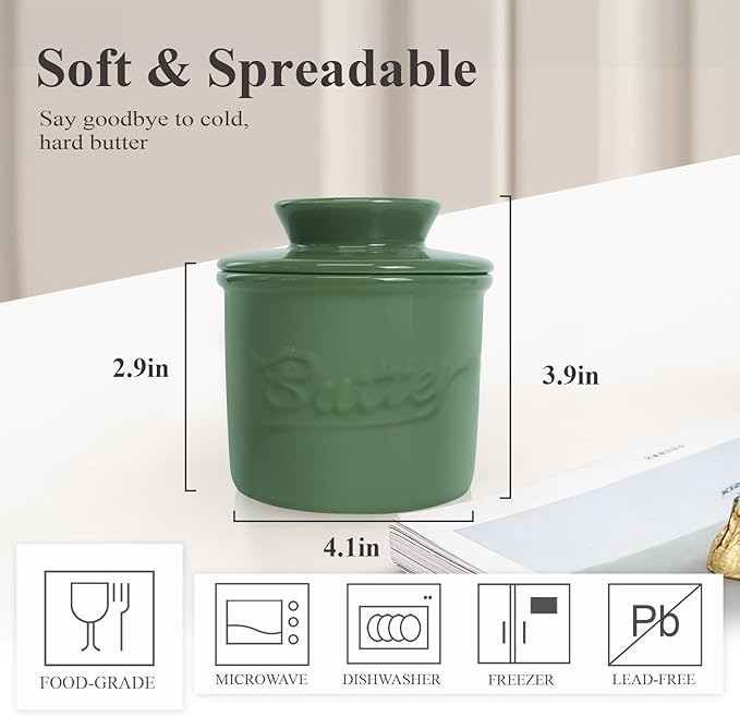 Butter Crock for Counter with Water, French Butter Keeper for Spreadable Butter Ceramic Butter Dish with Lid for Countertop, Butter Container Holder, Home Kitchen Decor (Green, M)