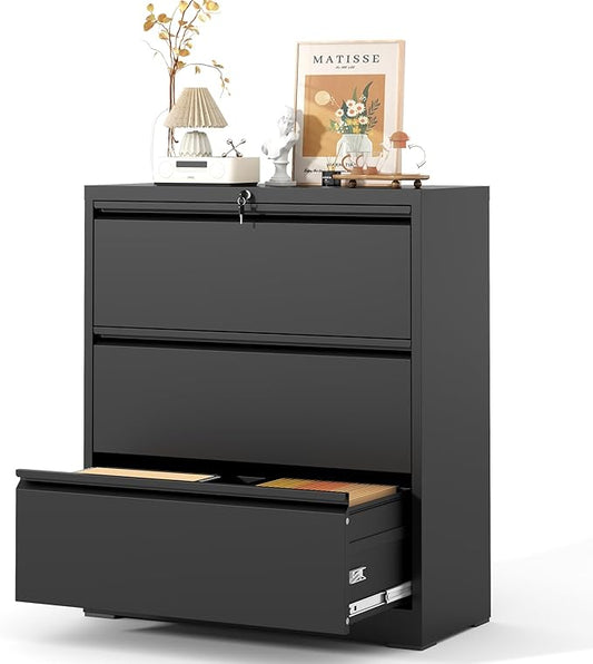3 Drawer Lateral File Cabinet with Lock, Metal Lateral Filing Cabinet for Home Office, Steel Wide Horizontal Filing Cabinets for Letter/Legal/A4/F4 Hanging Files (Black)