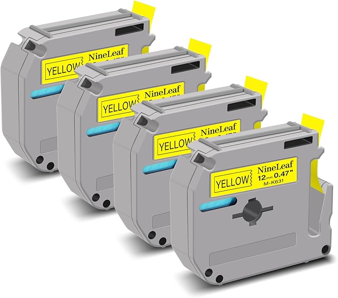 NineLeaf 4 Pack Compatible for Brother P-Touch M Tape M-K631 M-K631S MK631 M631 12mm 0.47'' Black on Yellow Label Tape for PT-70BBVP PT-70BMH PT-70HK PT-70HOL PT-70HOT Label Maker
