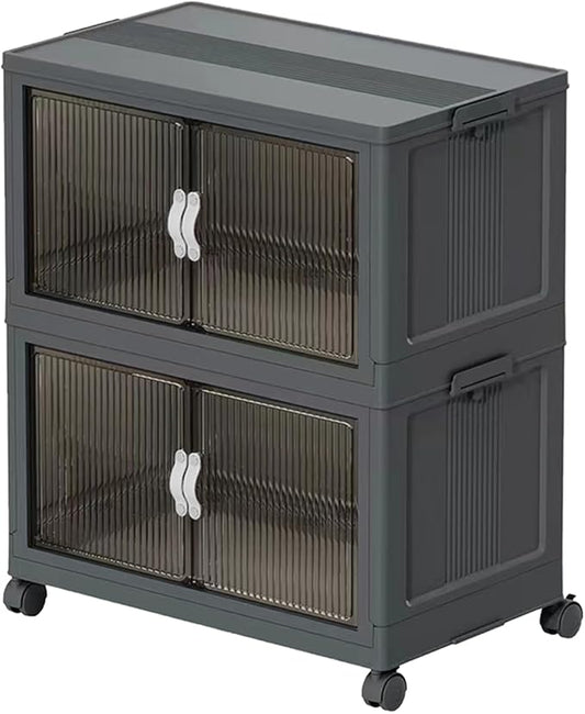 Stackable Storage Bins,Plastic Storage Bins with Lid and Wheels, Collapsible Storage Containers with Magnetic Doors, Foldable Storage Boxes for Home, Pantry, Office (L, Gray 2-Tier)