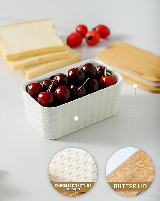 Hasense Large Butter Dish with Lid for Countertop - Farmhouse Ceramic Butter Container Holder with Cover for Fridge,Silicone Sealing,White Embossed Pattern,Holds Two Sticks of Butter