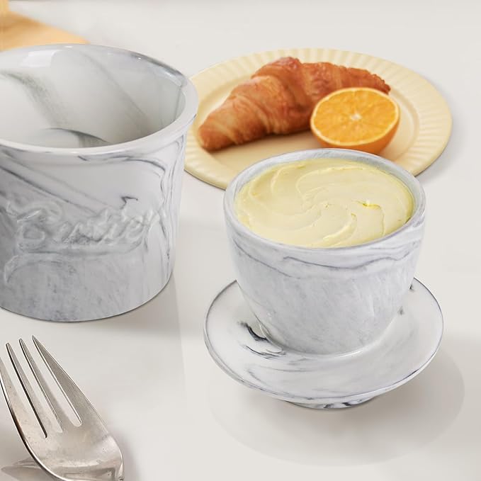 Butter Crock for Counter with Water, French Butter Keeper for Spreadable Butter Marble Ceramic Butter Dish with Lid for Countertop, Butter Container Holder