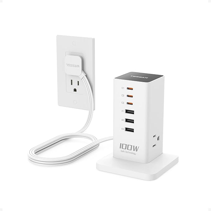 Charging Station PD 100W, TESSAN 9-in-1 USB C Power Strip for iPhone 17/16, MacBook, Tablet, Desktop Phone Fast Charger with 3 AC, 3 USB-A Ports, Home Drom Office Accessories, White