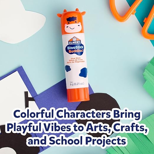 Elmer's BlooStick Buddies Glue Sticks, Disappearing Blue Glue Stick, Anti-Roll Cap, 6g, 48 Count