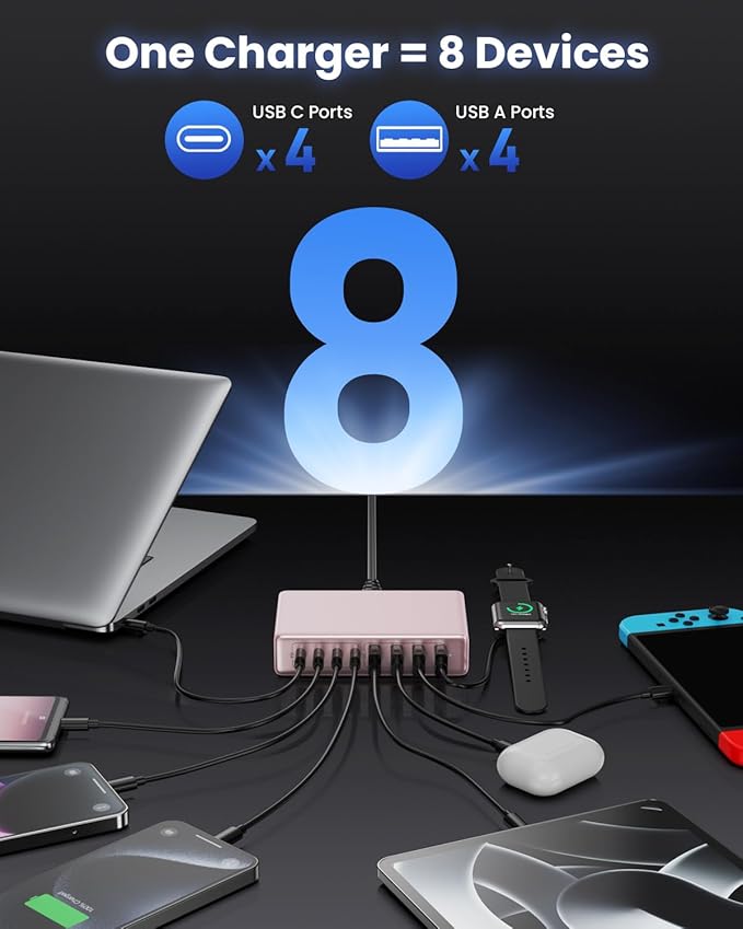 200W USB C Charger Block,GaN IV Charging Station 8 Ports,QC4.0 Fast Charging Station Hub+PD 65W USB C Laptop Charger Adapter Compatible with MacBook Air/Pro,DELL,iPhone 17/16/15,iPad,Steam Deck-Pink