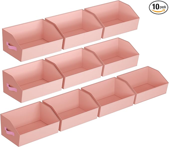 Closet Baskets for Shelves Trapezoid - Decorative Storage Baskets with Handle, Closet Bins for Organization, Shelf Storage Bins for Clothes, Books, Home, Office, 10 Pack, Pink