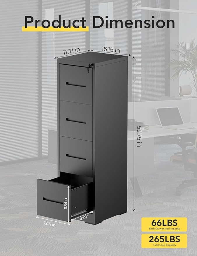 JOMEED 4-Drawer File Cabinet, Legal/Letter Size Storage, Full-Extension Drawers, Steel Construction, Lock System, 66 lbs Per Drawer Capacity