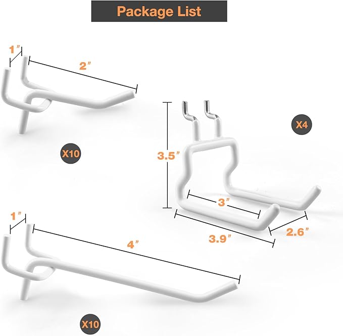 G.CORE 24-Pack Pegboard Hooks, 2" 4" Peg Board Tool Utility Hangers Fit 1/4" Pegboards, Heavy Duty Metal Shelving Brackets, Wall Organizers and Storage for Craft Room Garage Workbench Office (White)