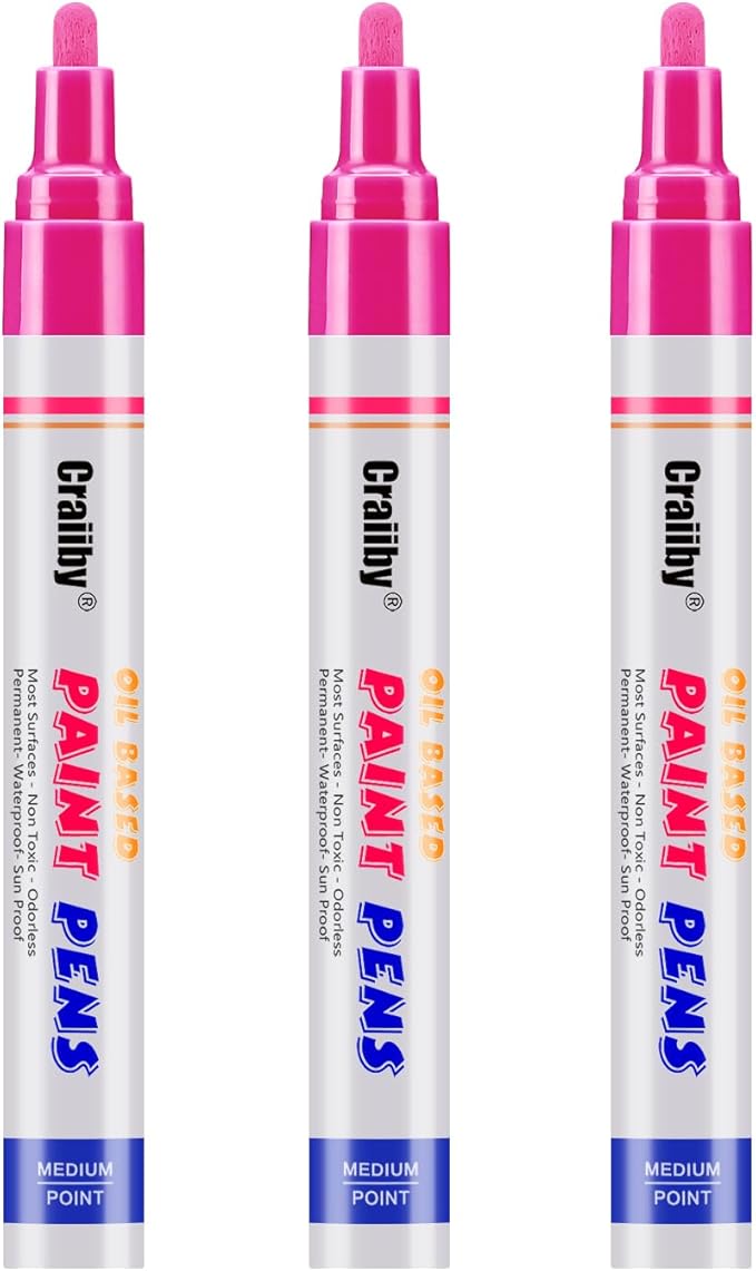Pink Paint Markers, 3 Pack Oil-Based Waterproof Quick Dry Permanent Paint Pen Set for Rocks Painting, Wood, Fabric, Plastic, Canvas, Glass, Mugs, Metal, Tire, Stone, DIY Craft