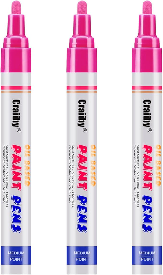 Pink Paint Markers, 3 Pack Oil-Based Waterproof Quick Dry Permanent Paint Pen Set for Rocks Painting, Wood, Fabric, Plastic, Canvas, Glass, Mugs, Metal, Tire, Stone, DIY Craft