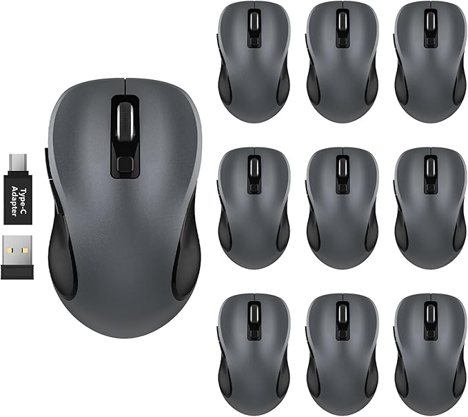 WisFox 2.4G Wireless Mouse for Laptop, Ergonomic Computer Mouse with USB Receiver and Type-C Adapter, 3 Adjustable Levels DPI, 6 Button Cordless Wireless Mice (Grey, 10 Pack)
