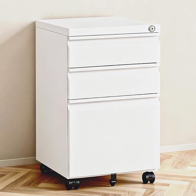 3 Drawer File Cabinet with Lock,Under Desk Rolling Small Filing Cabinet for Home Office Storage, Mobile Steel Cabinets with Wheels, Fully Assembled, White