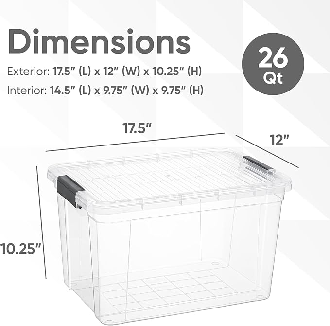 Superio Clear Storage Boxes with Lids, 26.5 Quart Plastic Container Bins for Organizing, Stackable Crates, BPA Free, Non Toxic, Odor Free, Organizers for Home, Office and Dorm, 4 Pack