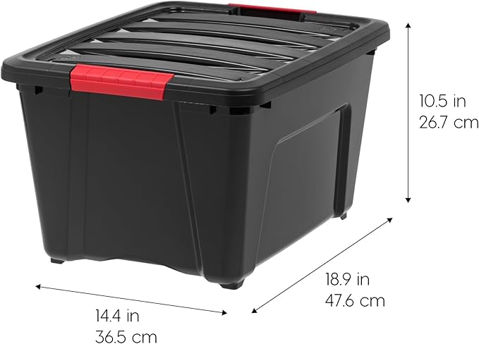 IRIS USA 30 L (32 QT) Plastic Storage Box with Lid and Latches - 4 Pack - BPA-Free, Garage Organizing Solution, Durable Nestable Stackable Containers, Secure Pull Handle - Black