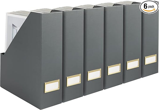 BLU MONACO Set of 6 Foldable Grey Magazine Holders with Gold Label Holders – Stylish File Boxes for Home Office Desktop, Bookshelf, or Classroom Organization
