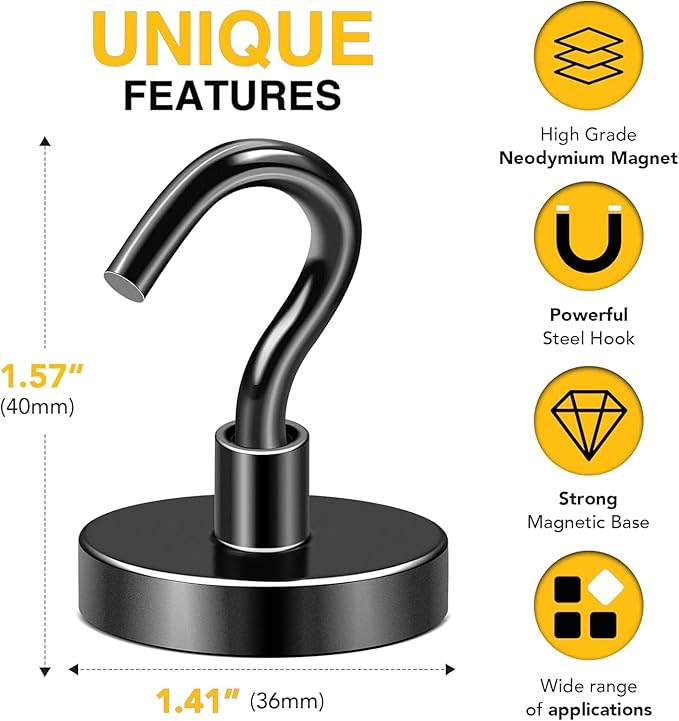 DIYMAG Black Magnetic Hooks, 170 LB Heavy Duty Strong Magnets with Hooks Rare Earth Neodymium Fridge Magnet for Grill Hanging Cruise Cabins Ship Essentials 12 Packs