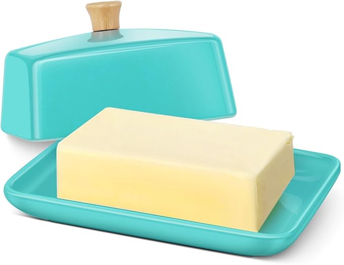 Flexzion Ceramic Blue European Butter Dish with Lid for Countertop (7 Inch) - Wide 2 Stick Double Butter Holder for Counter, Cream Cheese Container Storage Keeper