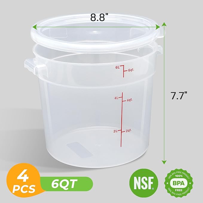 4 Pack Round Food Storage Containers with Lids, 6Qt Translucent Commercial Food Container, Polypropylene, BPA Free, Includes Labels & Measuring Cups