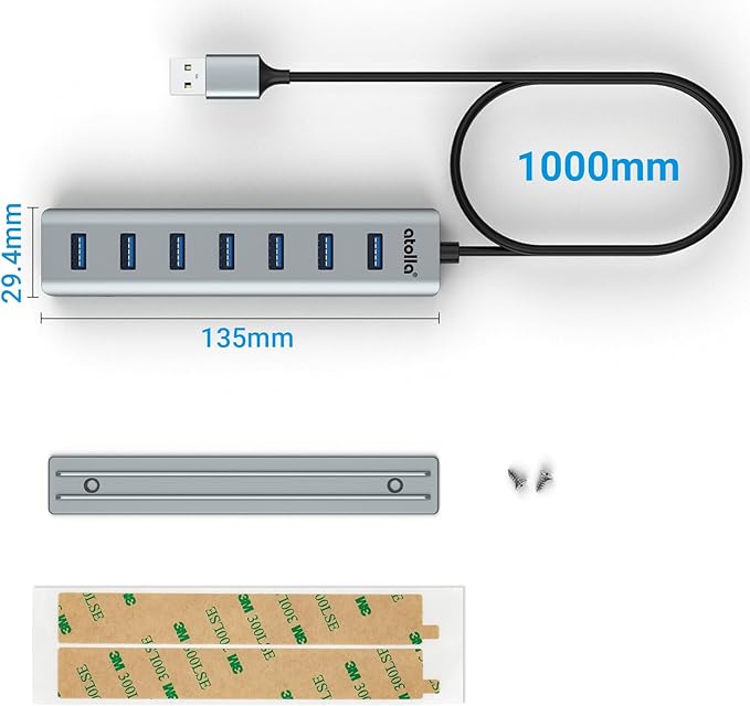 USB Hub 3.0, atolla 7-Port USB Hub Splitter with Sliding Rails for Fixing to Table/Host/Tile Wall Edges, Compatible with MacBook, Laptop, Surface Pro, PS4, PC, Flash Drive, Mobile HDD