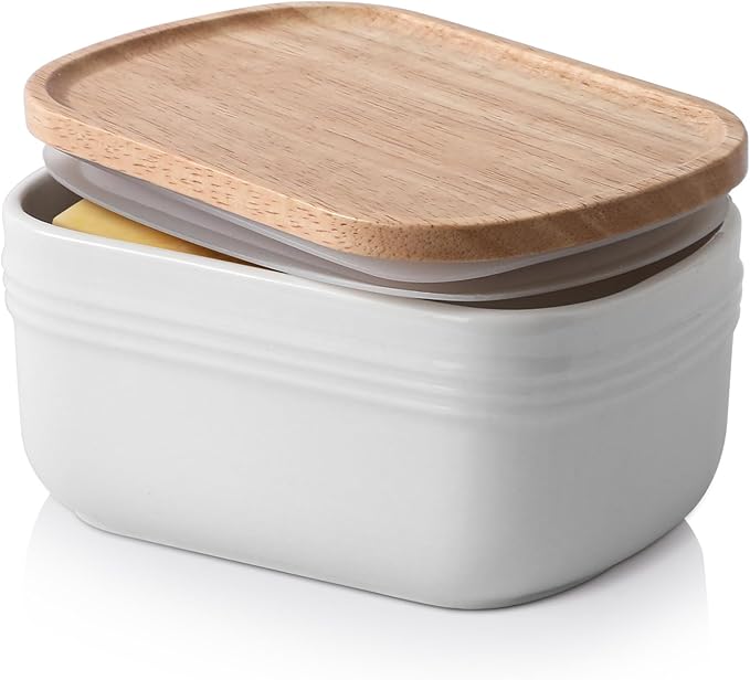 DOWAN Ceramic Butter Dish, Extra Large Butter Keeper for Countertop or Fridge, Airtight Butter Container with Wooden Lid, Farmhouse Kitchen Decor and Accessories, Freezer Safe, Soft White