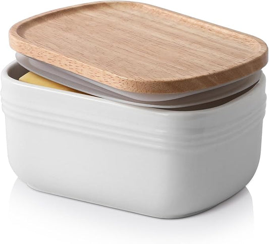 DOWAN Ceramic Butter Dish, Extra Large Butter Keeper for Countertop or Fridge, Airtight Butter Container with Wooden Lid, Farmhouse Kitchen Decor and Accessories, Freezer Safe, Soft White