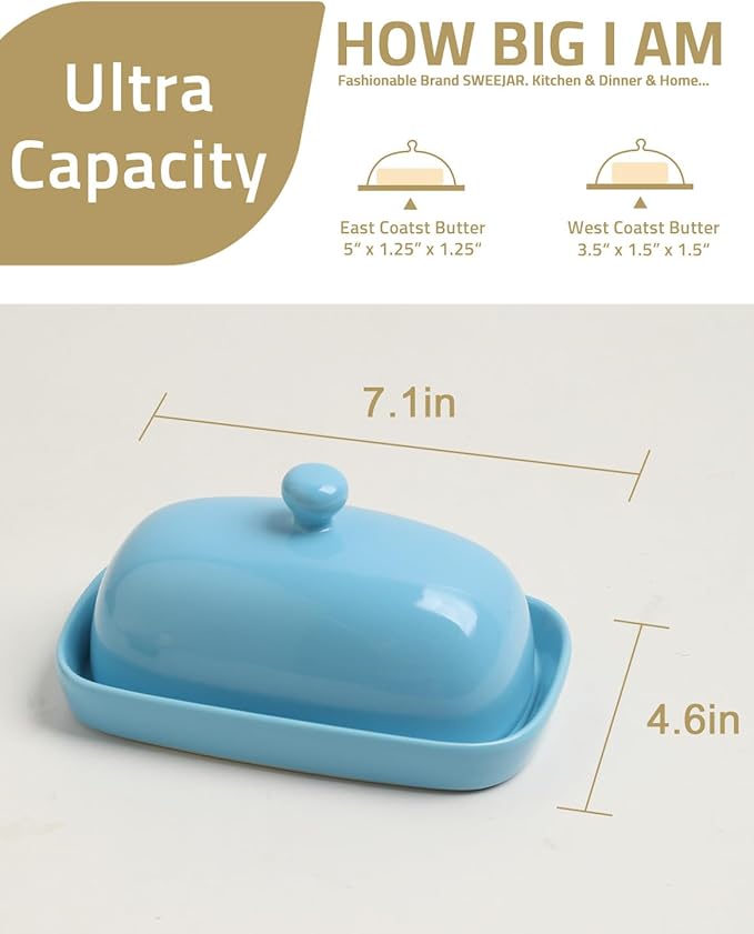 Sweejar Ceramic Butter Dish with Lid for Countertop,Porcelain Butter Keeper with Knob Handle,Butter Container for East/West Coast Butter, 7.1*3.7 inches (Steel blue)