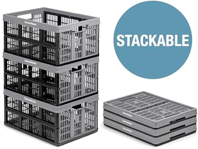 CleverMade Collapsible Utility Crates - Ocean 3 Pack 45L / 11 Gal holds 66 lbs - Stackable Containers Heavy Duty Capacity Crates Space-Saving Baskets