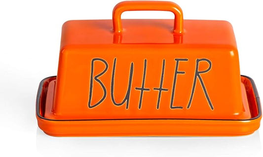 Sweejar Ceramic Butter Dish with Handle Lid, 7.3 Inch Porcelain Large Butter Keeper with Cover, Perfect for East/West Butter (Orange)