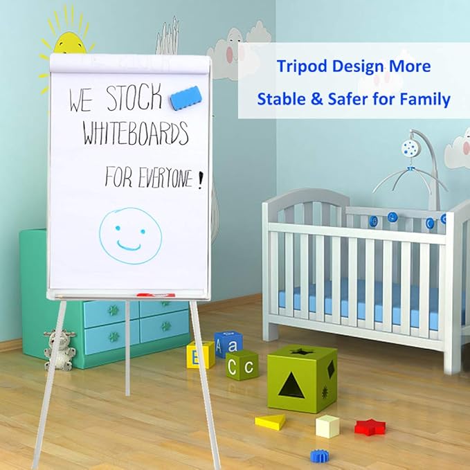 40"x28" Magnetic Dry Erase Board Easel Stand - Adjustable Height Tripod Whiteboard | Includes Flipchart Pad, 6 Magnets & Eraser | Portable Presentation Board for Office, School,White Frame