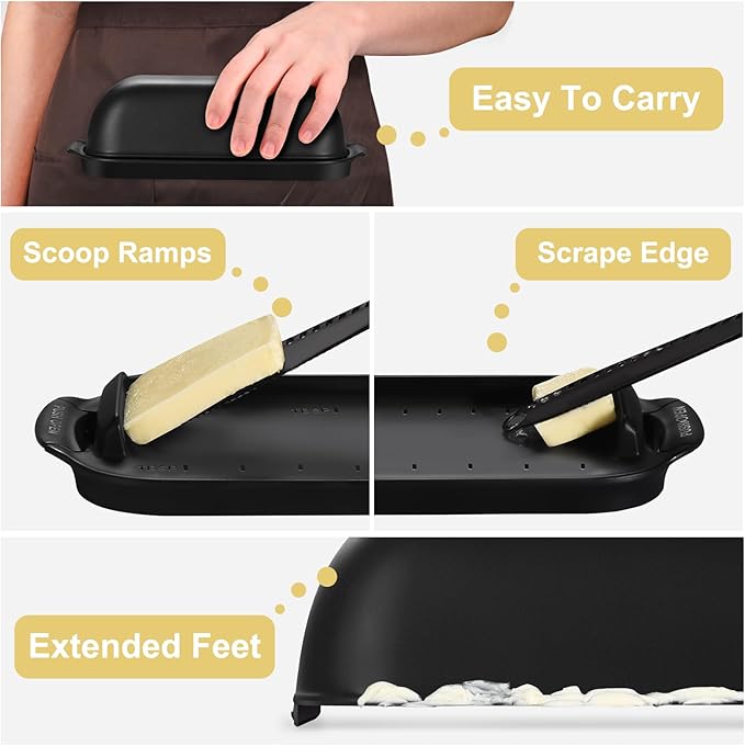 AONCO Butter Dish with Lid, Butter Container Holds for Countertop, Unbreakable Butter Keeper for Home Kitchen Decor, Perfect for East/West Coast Butter, BPA-free, Microwave/Dishwasher Safe (Black)