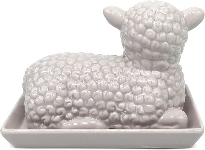 Lamb Butter Dish with Lid – Ceramic Farm Animal Butter Holder for Countertop Storage – Cute Sheep Design for Spring, Easter, or Farmhouse Kitchen Décor – Holds Standard Butter Stick
