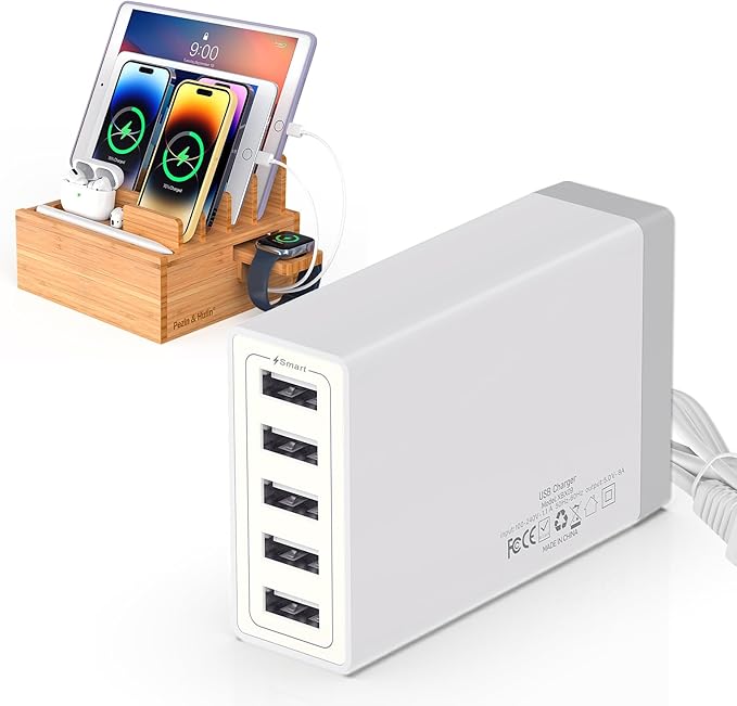 Pezin & Hulin Desktop USB Charging Station with Bamboo Charging Station, Desktop Charger Block, Compatible with Tablet, Cell Phone, Earbuds, Smartwatch