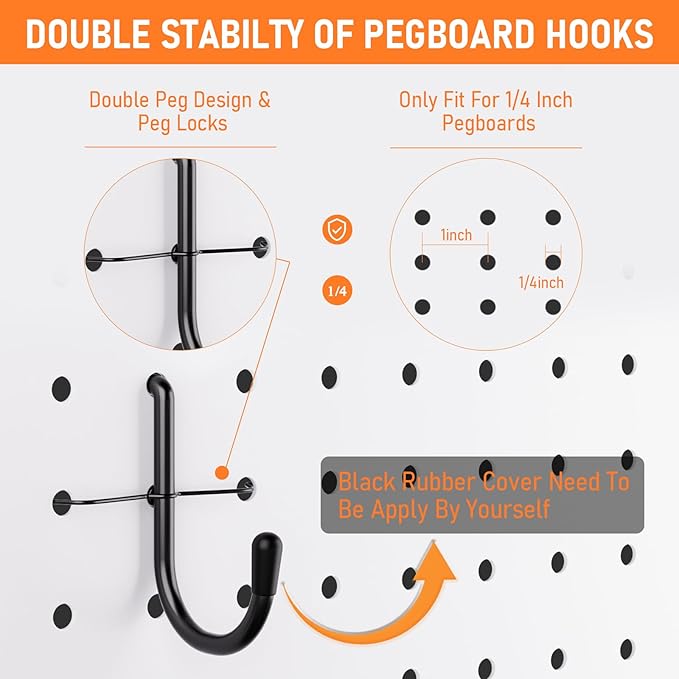 INCLY 176PCS Extra Thick Pegboard Hooks, 1/4" Heavy Duty Black Metal Peg Board Hooks Assortment with Peg Locks Pegboard Accessories Kit for Garage Wall Organizer Hanging Tools