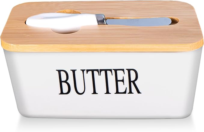 Large White Butter Dish with Lid and Knife for Countertop, Ceramic Covered Butter Stick Holder Container for Fridge