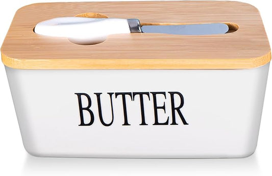 Large White Butter Dish with Lid and Knife for Countertop, Ceramic Covered Butter Stick Holder Container for Fridge