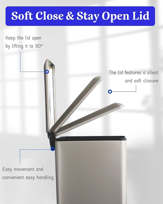 12 Gallon Slim Kitchen Trash Can, Stainless Steel Trash Can with Removal Inner Bucket and Soft-Close Lid, Pedal Garbage Can 45 Liter, Grey