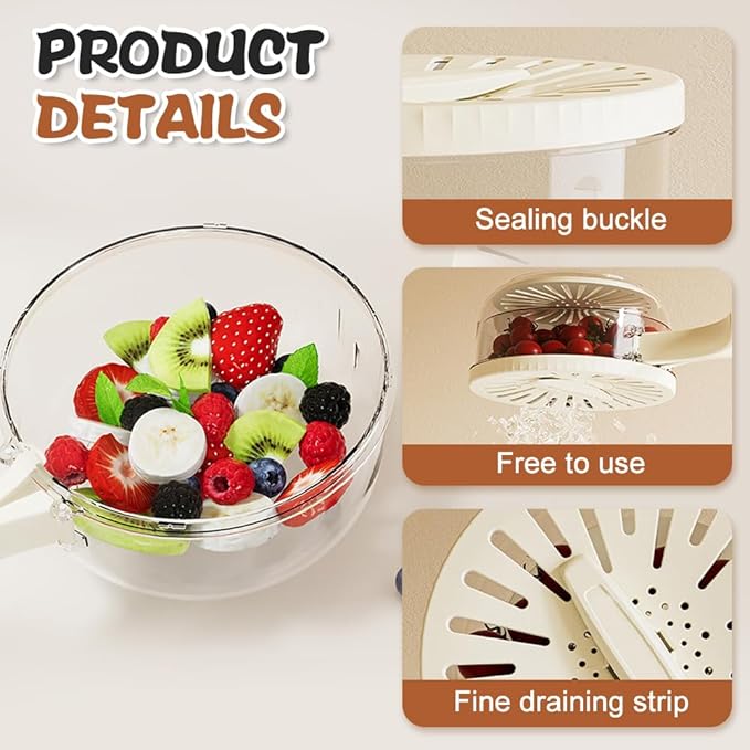 Multi-Functional Fruit and Vegetable Washing Bowl, Fruit Strainer Container with Lid, 2 In 1 Sealed Drainer Basket, Drainer and Freshness Basket, Kitchen Tool with Foldable Handle (Brown+White)