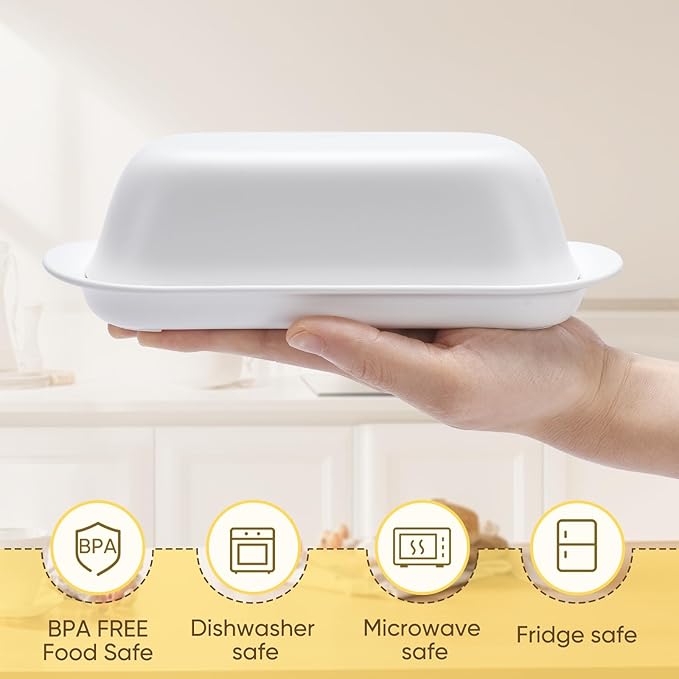 Butter Dish with Lid, Butter Keeper for Countertop, Airtight Butter Dish, Plastic Butter Keeper Tray for West/ East Coast Butter, Dishwasher Safe(White)