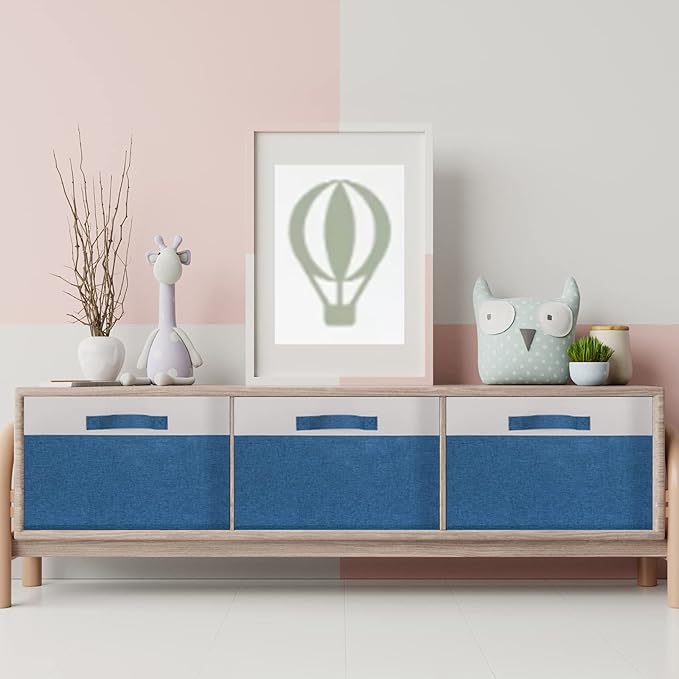 GhvyenntteS Storage Baskets for Shelves 3 Pack, Large Fabric Storage Bins with 3 Handles, Collapsible Closet Organizers and Storage, Sturdy Closet Organizer Bins/Laundry Room Organization, Blue