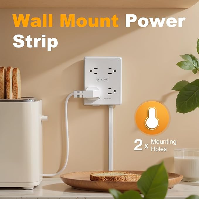 Surge Protector Flat Extension Cord Power Strip 6Ft, 8 Outlets with 4USB Ports (2 USB-C), 1350 Joules Protection, Ideal for Office, Home, White