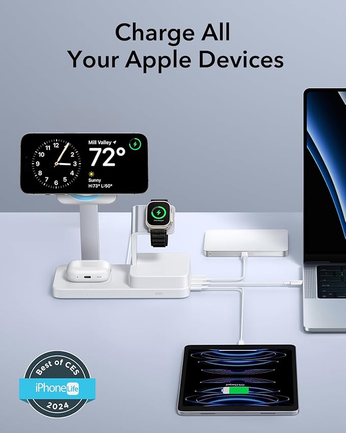 ESR 100W 6-in-1 GaN Charging Station with CryoBoost, Compatible with MagSafe Charger Stand, Magnetic Wireless Charger for iPhone 17/16/15/14/13/12, Apple Watch, AirPods Pro/3/2, Classic White