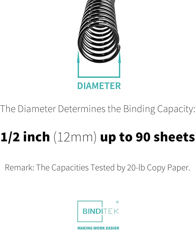 Binditek 100 Pack Plastic Spiral Binding Coils, 12mm(1/2"), 90 Sheet Capacity, 4:1 Pitch, Black, 48Loops, for Letter Size, for Students and Coworkers