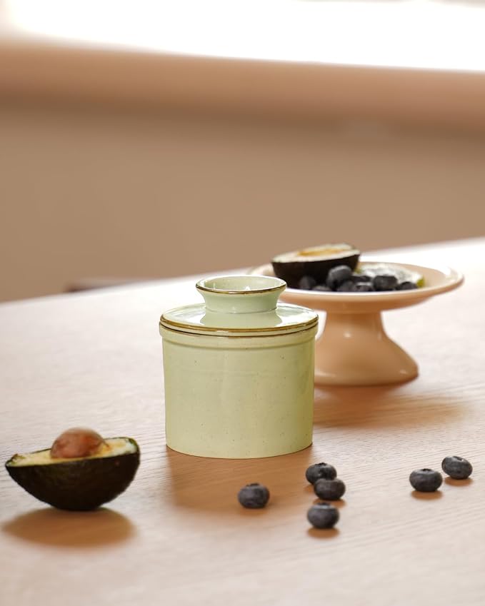 French Butter Dish, Butter Crock for Counter with Water Line, Ceramic Butter Keeper for Spreadable Butter - Chrismas Home Kitchen Decor - Reactive Glaze Collection - Green