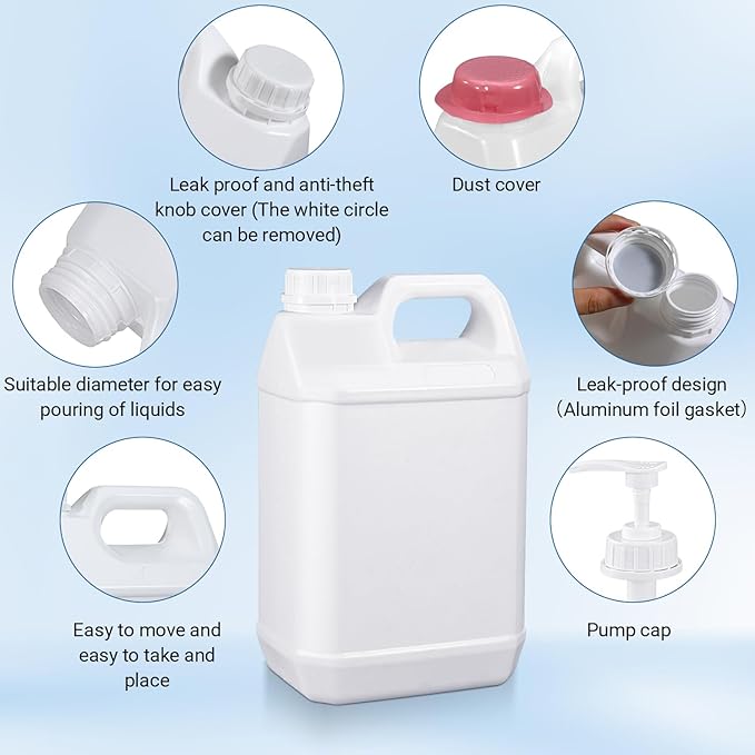 Plastic F-Style Jug Reusable Food-Safe, Heavy-Duty HDPE Containers for Water, Sauces, Soaps, Detergents, Honey Liquids with Screw-On Cap and Pump Cap (White, 2.64 Gallon 2-Pack)