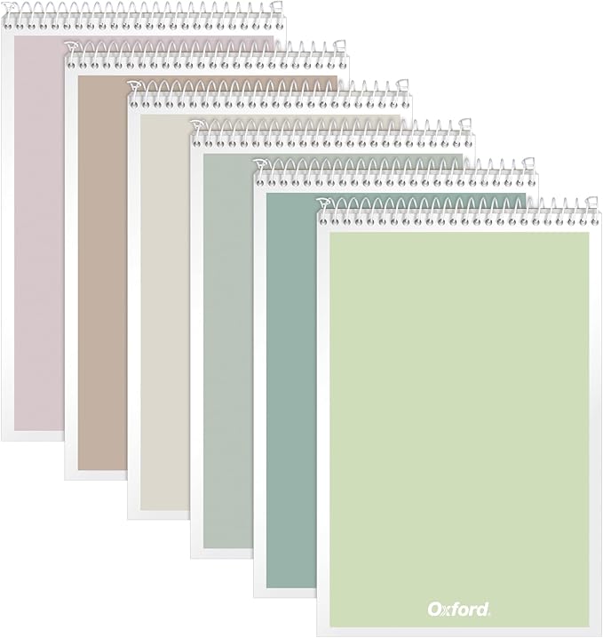 Oxford Steno Spiral Notebooks, Top Bound Steno Pads, 6x9 Inches, Gregg Ruled for Lists, White Paper, Asst. Neutral Covers, 80 Sheets, 6 Pack (1007113)