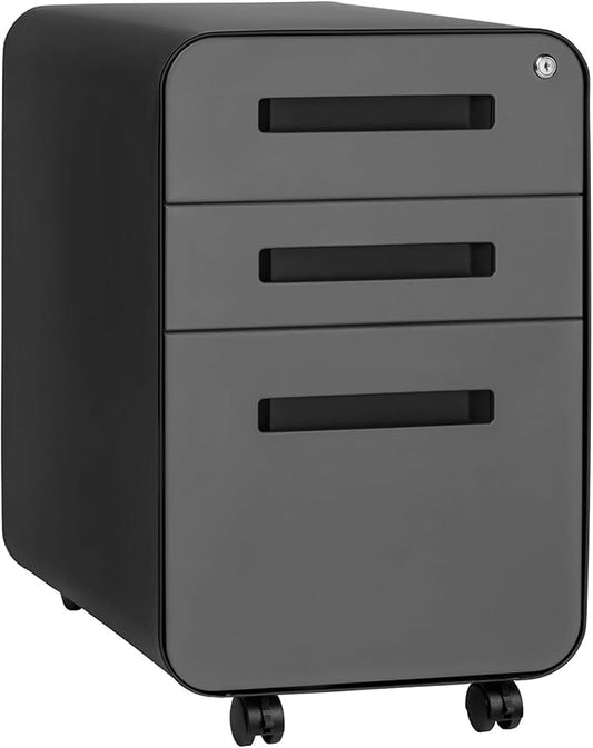 Laura Davidson Furniture Stockpile 3 Drawer File Cabinet with Lock - Under Office Desk Metal Filing Cabinet, Legal/Letter File Folders, Wheels and Stationary Feet, Pre-Assembled, Black/Grey