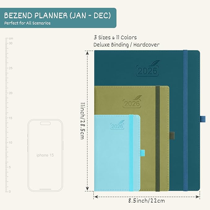 BEZEND 2026 Planner Weekly and Monthly (8.5" x 11") Daily Calendar with Half-Hourly Timeslots & Tab (Jan-Dec) Note & Expenses, Pen Holder, Inner Pocket, Vegan Leather Hardcover - Black