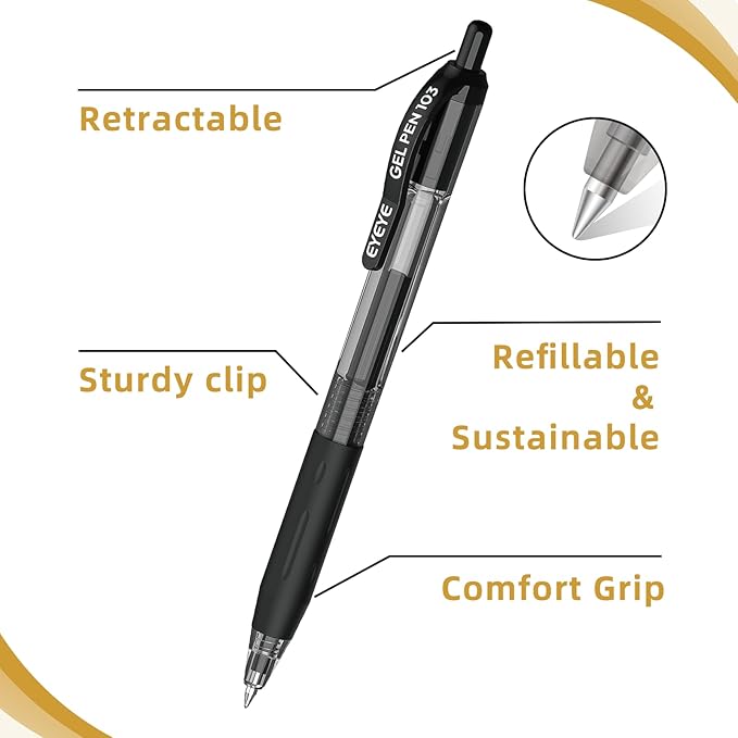 EYEYE G-103 10 Pack Retractable Gel Pens 0.5mm, Black Ink Pen Extra Fine Point Quick Dry, 0.5 mm Ballpoint Pen Fine Point Smooth Writing Pens for for Office School Supplies
