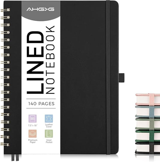 AHGXG Lined Spiral Journal Notebook, B5 Large Notebooks for Women Men, 140 Pages Hardcover Leather Notebook College Ruled, 100 GSM Paper, Notebooks for Work School Note Taking, 7.6" x 10", Black